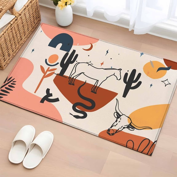 Rectangle Area Rugs 2 x 3 Ft, Western Boho Non-Slip Residential Carpet, Modern Abstract Horse Cactus Plant Offwhite Indoor Crawling Mats Runner Rugs for Living Room/Dining Room/Bedroom