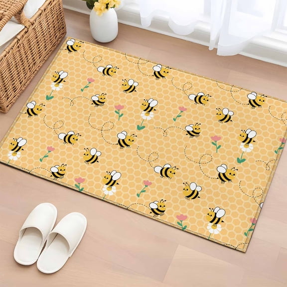 Rectangle Area Rugs 2 x 3 Ft, Yellow Beige Bee Non-Slip Residential Carpet, Spring Floral Elegant Pastoral Flowers Indoor Crawling Mats Runner Rugs for Living Room/Dining Room/Bedroom