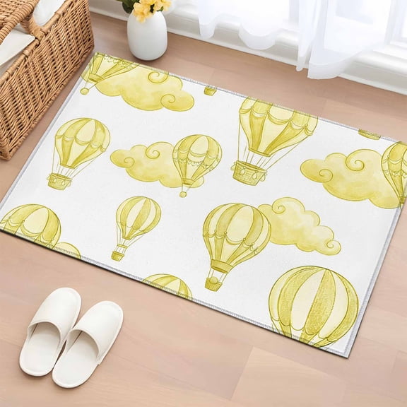 Rectangle Area Rugs 2 x 3 Ft, Yellow Hot Air Balloon Non-Slip Residential Carpet, Modern Balloon Float Clouds Indoor Crawling Mats Runner Rugs for Living Room/Dining Room/Bedroom