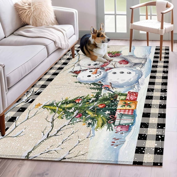 Rectangle Area Rugs 3 x 5 Ft, Beige Christmas Non-Slip Residential Carpet, Xmas Tree Snowman Bear Snowfall Plaid Indoor Crawling Mats Runner Rugs for Living Room/Dining Room/Bedroom
