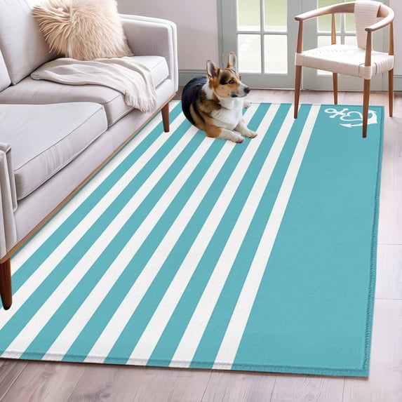 Rectangle Area Rugs 3 x 5 Ft, Blue Anchor Non-Slip Residential Carpet, Modern Nautical White Geometric Stripes Indoor Crawling Mats Runner Rugs for Living Room/Dining Room/Bedroom