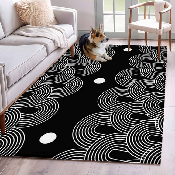 Rectangle Area Rugs 3 x 5 Ft, Boho Geometric Non-Slip Residential Carpet, Modern Abstract Sun Lines Black Indoor Crawling Mats Runner Rugs for Living Room/Dining Room/Bedroom