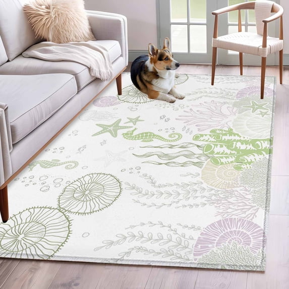 Rectangle Area Rugs 3 x 5 Ft, Coastal Sage Green Non-Slip Residential Carpet, Ocean Coral Starfish Jellyfish Indoor Crawling Mats Runner Rugs for Living Room/Dining Room/Bedroom