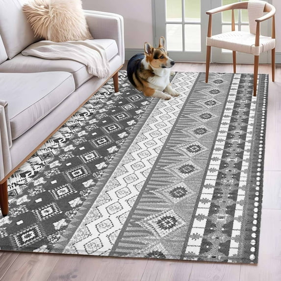 Rectangle Area Rugs 3 x 5 Ft, Grey White Boho Non-Slip Residential Carpet, Vintage Ethnic Tribe Abstract Art Indoor Crawling Mats Runner Rugs for Living Room/Dining Room/Bedroom