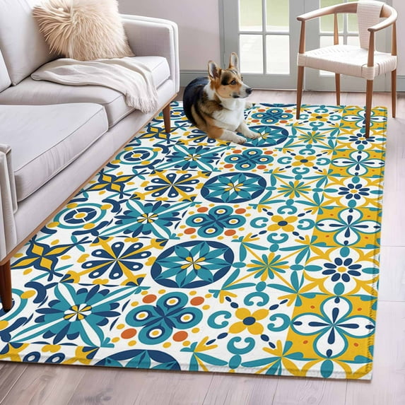 Rectangle Area Rugs 3 x 5 Ft, Modern Mediterranean Non-Slip Residential Carpet, Retro Moroccan Tiles Texture Vlue Yellow Indoor Crawling Mats Runner Rugs for Living Room/Dining Room/Bedroom