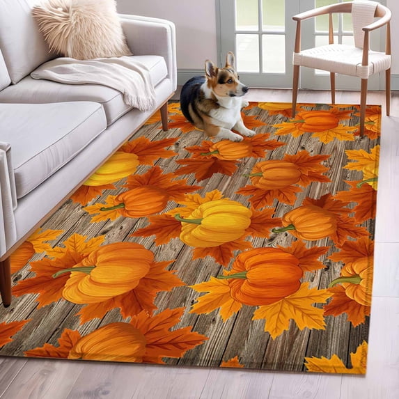 Rectangle Area Rugs 3 x 5 Ft, Orange Fall Non-Slip Residential Carpet, Pumpkins Thanksgiving Maple Leaf Indoor Crawling Mats Runner Rugs for Living Room/Dining Room/Bedroom