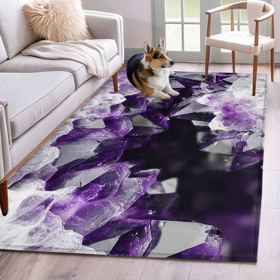 Rectangle Area Rugs 3 x 5 Ft, Purple Black Geometric Non-Slip Residential Carpet, Modern Abstract Crystals Artwork Indoor Crawling Mats Runner Rugs for Living Room/Dining Room/Bedroom