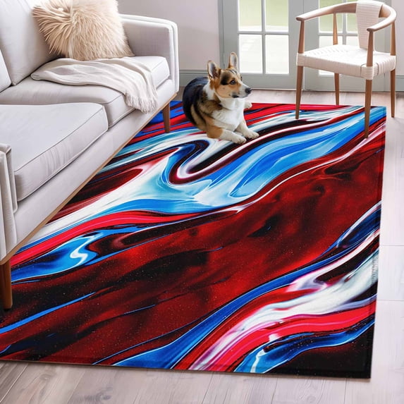 Rectangle Area Rugs 3 x 5 Ft, Red Blue Marble Non-Slip Residential Carpet, Modern Abstract Art Fluid Marble Indoor Crawling Mats Runner Rugs for Living Room/Dining Room/Bedroom
