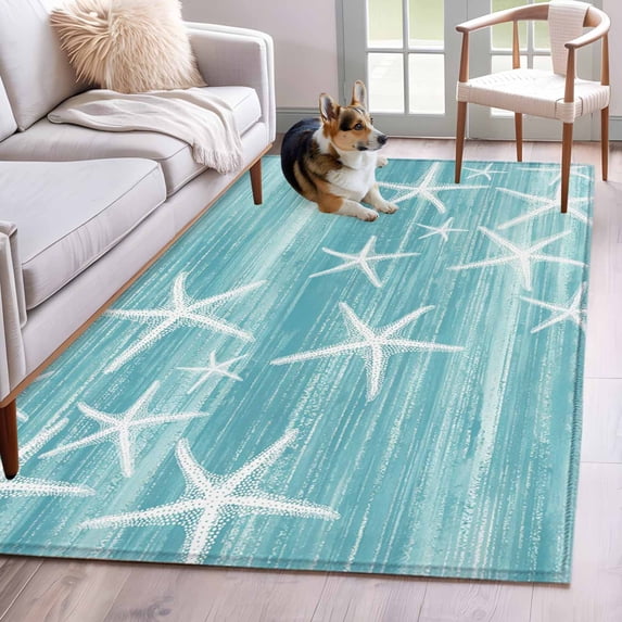 Rectangle Area Rugs 3 x 5 Ft, Teal Coastal Non-Slip Residential Carpet, Summer Ocean Waves Ombre Sea Starfish Indoor Crawling Mats Runner Rugs for Living Room/Dining Room/Bedroom