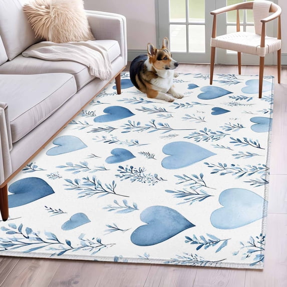 Rectangle Area Rugs 3 x 5 Ft, Valentine's Day Blue Non-Slip Residential Carpet, Spring Love Leaves Botanical Indoor Crawling Mats Runner Rugs for Living Room/Dining Room/Bedroom