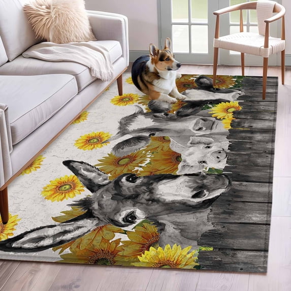 Rectangle Area Rugs 3 x 5 Ft, Vintage Grey Farm Animals Non-Slip Residential Carpet, Rustic Sunflowers Cow Pig Indoor Crawling Mats Runner Rugs for Living Room/Dining Room/Bedroom