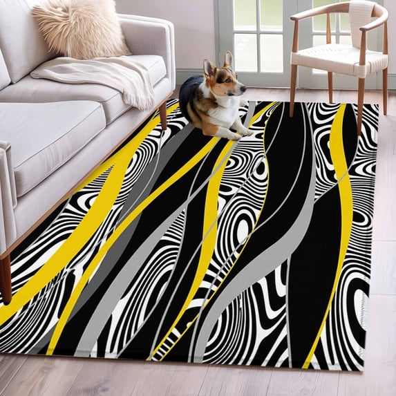 Rectangle Area Rugs 3 x 5 Ft, Yellow Black Stripes Non-Slip Residential Carpet, Modern Grey Ombre Abstract Striped Indoor Crawling Mats Runner Rugs for Living Room/Dining Room/Bedroom
