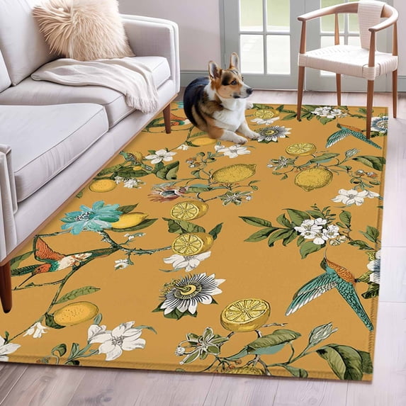 Rectangle Area Rugs 3 x 5 Ft, Yellow Botanical Non-Slip Residential Carpet, Spring Floral Summer Lemon Birds Indoor Crawling Mats Runner Rugs for Living Room/Dining Room/Bedroom