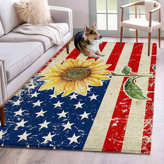 Rectangle Area Rugs 4 x 6 Ft, American Flag Non-Slip Residential Carpet, Sunflower Vintage USA Flag Indoor Crawling Mats Runner Rugs for Living Room/Dining Room/Bedroom