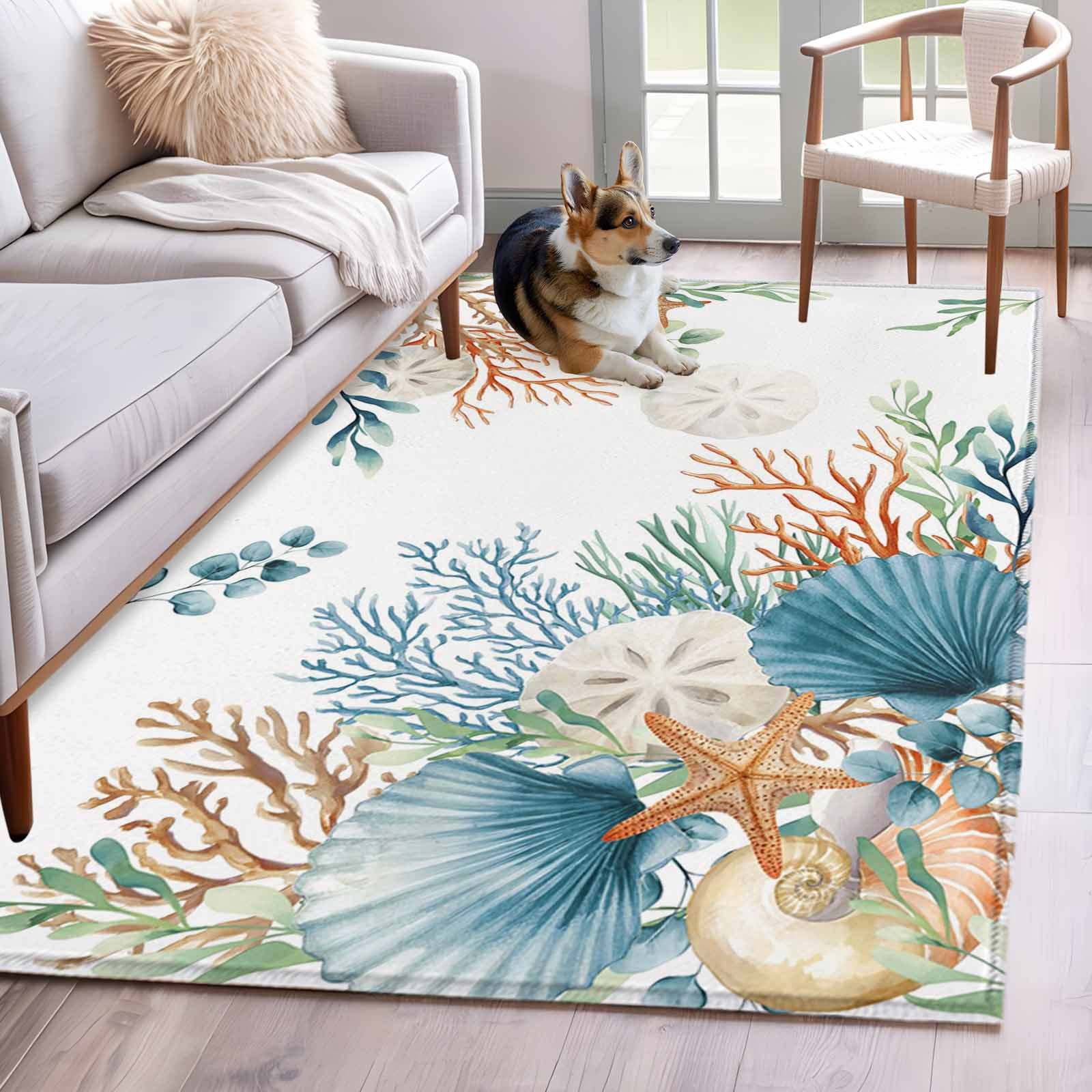 Rectangle Area Rugs 4 x 6 Ft, Beach Coastal Non-Slip Residential Carpet, Summer Nautical Coral Shell Botanical Indoor Crawling Mats Runner Rugs for Living Room/Dining Room/Bedroom