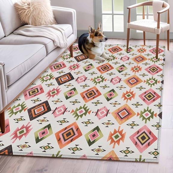 Rectangle Area Rugs 4 x 6 Ft, Boho Geometric Non-Slip Residential Carpet, Modern Abstract Art Ethnic Rhombus Indoor Crawling Mats Runner Rugs for Living Room/Dining Room/Bedroom
