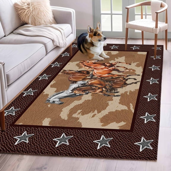 Rectangle Area Rugs 4 x 6 Ft, Brown Retro Horse Non-Slip Residential Carpet, Vintage Western Stars Country Indoor Crawling Mats Runner Rugs for Living Room/Dining Room/Bedroom