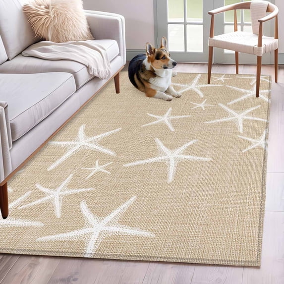 Rectangle Area Rugs 4 x 6 Ft, Coastal Starfish Non-Slip Residential Carpet, Summer Ocean Waves Ombre Sea Beige Indoor Crawling Mats Runner Rugs for Living Room/Dining Room/Bedroom