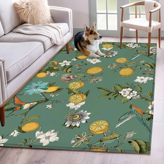 Rectangle Area Rugs 4 x 6 Ft, Green Botanical Non-Slip Residential Carpet, Spring Floral Summer Lemon Birds Indoor Crawling Mats Runner Rugs for Living Room/Dining Room/Bedroom