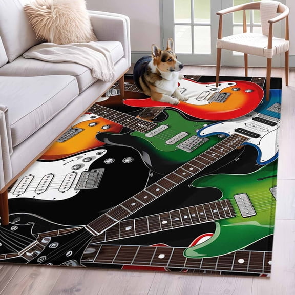 Rectangle Area Rugs 4 x 6 Ft, Guitar Non-Slip Residential Carpet, Cartoon Modern Colorful Guitars Indoor Crawling Mats Runner Rugs for Living Room/Dining Room/Bedroom