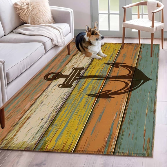 Rectangle Area Rugs 4 x 6 Ft, Nautical Anchor Non-Slip Residential Carpet, Farmhouse Vintage Old Wooden Grain Indoor Crawling Mats Runner Rugs for Living Room/Dining Room/Bedroom