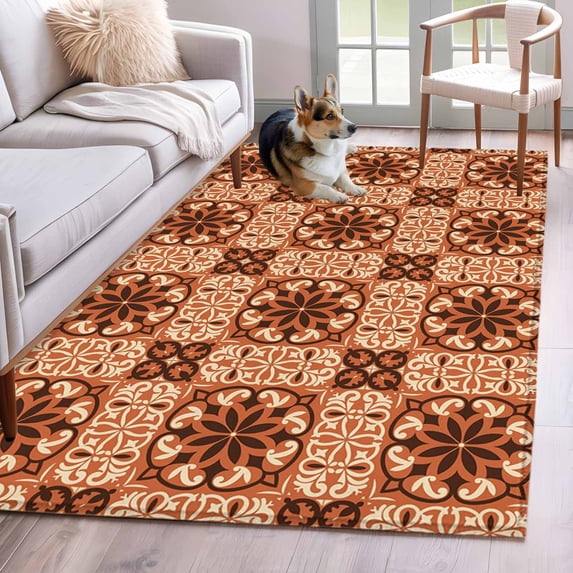 Rectangle Area Rugs 4 x 6 Ft, Orange Brown Flowers Non-Slip Residential Carpet, Farmhouse Retro Abstract Floral Indoor Crawling Mats Runner Rugs for Living Room/Dining Room/Bedroom