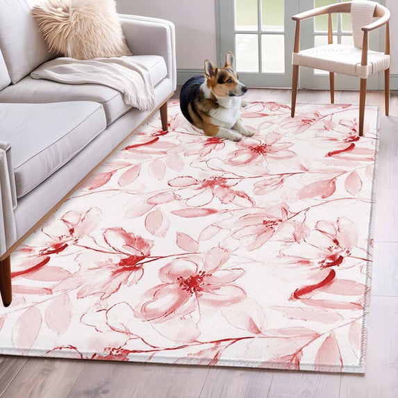 Rectangle Area Rugs 4 x 6 Ft, Pink Flower Non-Slip Residential Carpet, Watercolor Floral Botanical Line Drawing Print Indoor Crawling Mats Runner Rugs for Living Room/Dining Room/Bedroom