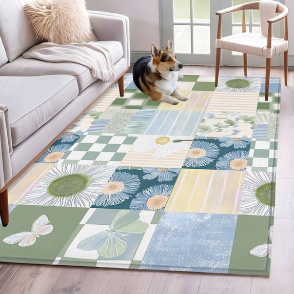 Rectangle Area Rugs 4 x 6 Ft, Spring Floral Checkered Non-Slip Residential Carpet, Sage Green Daisy Buffalo Plaid Indoor Crawling Mats Runner Rugs for Living Room/Dining Room/Bedroom