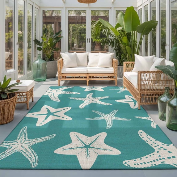 Rectangle Area Rugs 4 x 6 Ft, Turquoise Starfish Coastal Non-Slip Residential Carpet, Nautical Summer Ocean Abstract Art Indoor Crawling Mats Runner Rugs for Living Room/Dining Room/Bedroom