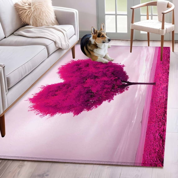 Rectangle Area Rugs 4 x 6 Ft, Valentine's Day Non-Slip Residential Carpet, Pink Love Heart Trees Spring Romance Indoor Crawling Mats Runner Rugs for Living Room/Dining Room/Bedroom