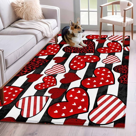 Rectangle Area Rugs 4 x 6 Ft, Valentines Day Non-Slip Residential Carpet, Red Strip Leopard Love Hearts Romantic Indoor Crawling Mats Runner Rugs for Living Room/Dining Room/Bedroom