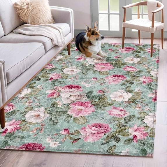 Rectangle Area Rugs 4 x 6 Ft, Vintage Spring Floral Non-Slip Residential Carpet, Botanical Summer Pink Green Indoor Crawling Mats Runner Rugs for Living Room/Dining Room/Bedroom