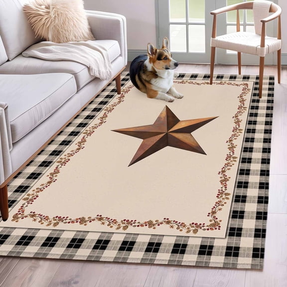 Rectangle Area Rugs 4 x 6 Ft, Western Texas Star Retro Non-Slip Residential Carpet, Rustic Vintage Berry Black Beige Plaid Indoor Crawling Mats Runner Rugs for Living Room/Dining Room/Bedroom