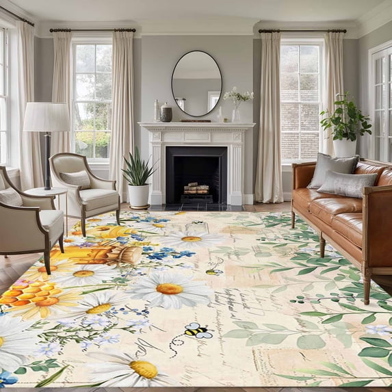 Rectangle Area Rugs 5 x 7 Ft, Daisy Spring Floral Non-Slip Residential Carpet, Farmhouse Botanical Green Leaves Vintage Art Indoor Crawling Mats Runner Rugs for Living Room/Dining Room/Bedroom