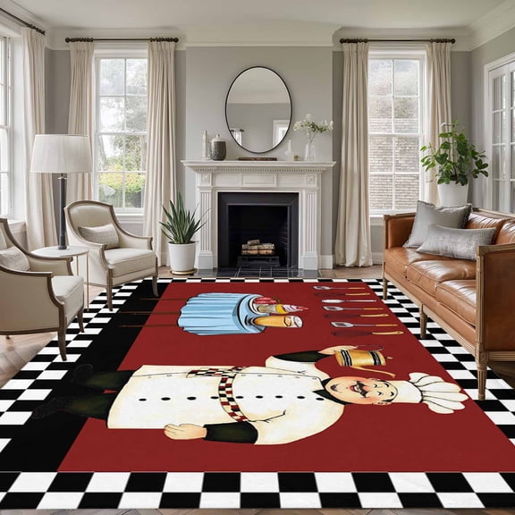 Rectangle Area Rugs 5 x 7 Ft, Fat Chef Non-Slip Residential Carpet, Red Cartoon Cakes Food Cooking Farmhouse Plaid Indoor Crawling Mats Runner Rugs for Living Room/Dining Room/Bedroom