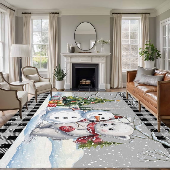 Rectangle Area Rugs 5 x 7 Ft, Grey Christmas Non-Slip Residential Carpet, Xmas Tree Snowman Bear Snowfall Plaid Indoor Crawling Mats Runner Rugs for Living Room/Dining Room/Bedroom