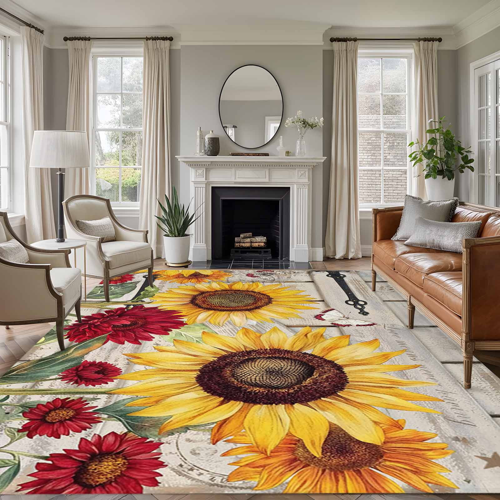 Rectangle Area Rugs 5 x 7 Ft, Red Yellow Sunflowers Non-Slip Residential Carpet, Retro Rustic Barn Doors Butterfly Brown Indoor Crawling Mats Runner Rugs for Living Room/Dining Room/Bedroom