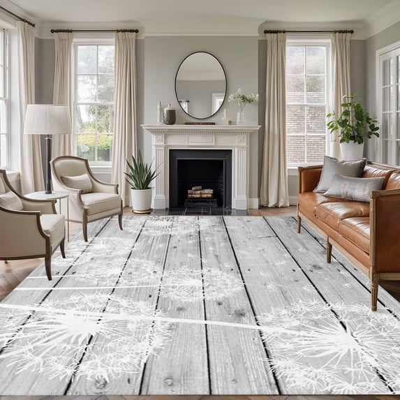 Rectangle Area Rugs 5 x 7 Ft, White Dandelion Non-Slip Residential Carpet, Spring Flowers Plants Vintage Gray Wood Indoor Crawling Mats Runner Rugs for Living Room/Dining Room/Bedroom
