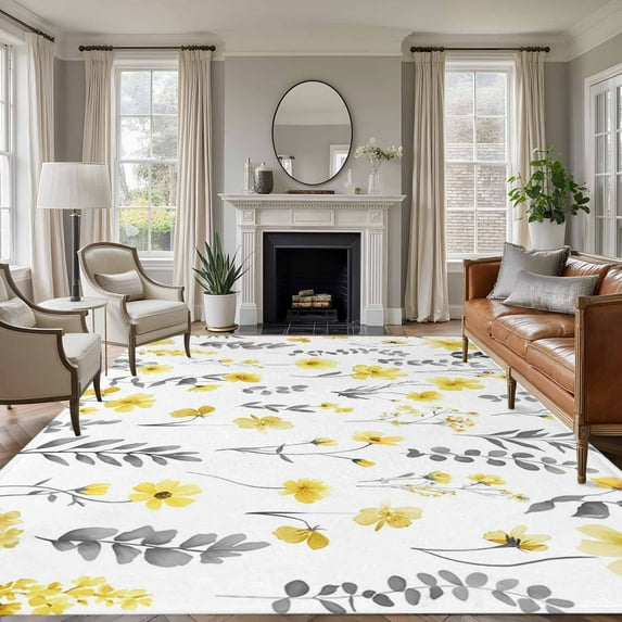 Rectangle Area Rugs 5 x 7 Ft, Yellow Spring Floral Non-Slip Residential Carpet, Flowers Botanical Elegant Pastoral Indoor Crawling Mats Runner Rugs for Living Room/Dining Room/Bedroom