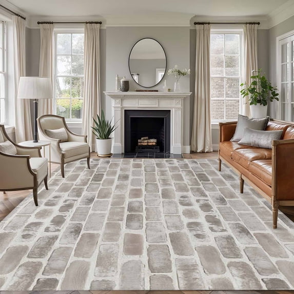 Rectangle Area Rugs 5 x 8 Ft, Beige Brick Wall Non-Slip Residential Carpet, Retro Country Stone Rocks Geometric Print Indoor Crawling Mats Runner Rugs for Living Room/Dining Room/Bedroom