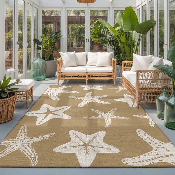 Rectangle Area Rugs 5 x 8 Ft, Beige Brown Starfish Coastal Non-Slip Residential Carpet, Nautical Summer Ocean Abstract Art Indoor Crawling Mats Runner Rugs for Living Room/Dining Room/Bedroom