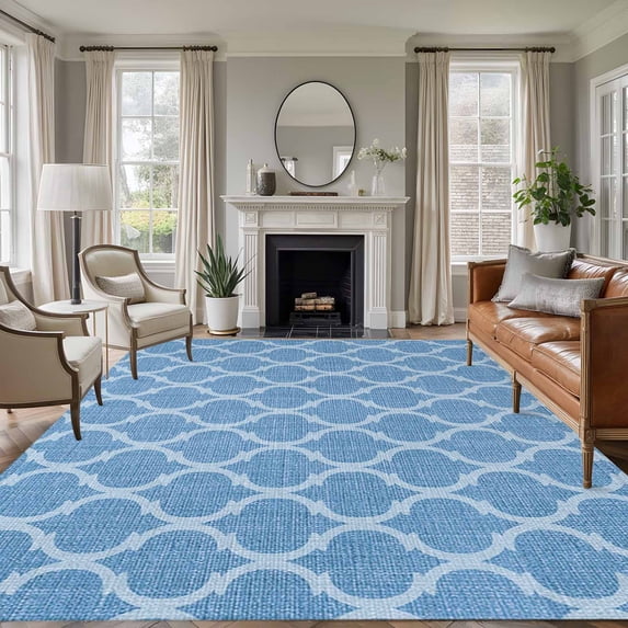 Rectangle Area Rugs 5 x 8 Ft, Blue Morocco Non-Slip Residential Carpet, Moroccan Abstract Geometric Quatrefoil Plaid Indoor Crawling Mats Runner Rugs for Living Room/Dining Room/Bedroom