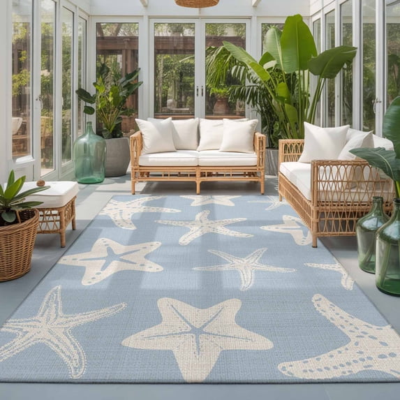 Rectangle Area Rugs 5 x 8 Ft, Blue Starfish Coastal Non-Slip Residential Carpet, Nautical Summer Ocean Abstract Art Indoor Crawling Mats Runner Rugs for Living Room/Dining Room/Bedroom