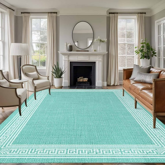Rectangle Area Rugs 5 x 8 Ft, Bluish Green Retro Greek Key Non-Slip Residential Carpet, Greece Ancient Rustic Geometric Indoor Crawling Mats Runner Rugs for Living Room/Dining Room/Bedroom