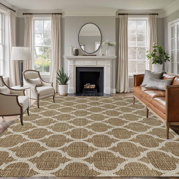 Rectangle Area Rugs 5 x 8 Ft, Brown Moroccan Non-Slip Residential Carpet, Morocco Retro Abstract Quatrefoil Plaid Indoor Crawling Mats Runner Rugs for Living Room/Dining Room/Bedroom