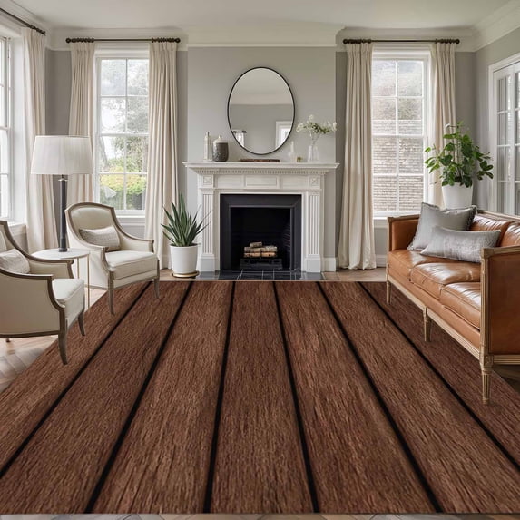 Rectangle Area Rugs 5 x 8 Ft, Dark Brown Wooden Non-Slip Residential Carpet, Vintage Western Country Wooden Board Indoor Crawling Mats Runner Rugs for Living Room/Dining Room/Bedroom