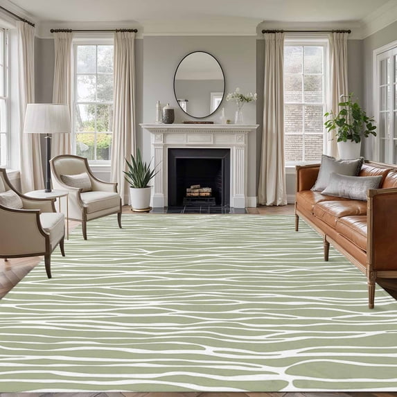 Rectangle Area Rugs 5 x 8 Ft, Green Waves Stripes Non-Slip Residential Carpet, Vintage Minimalist Lines Texture Indoor Crawling Mats Runner Rugs for Living Room/Dining Room/Bedroom