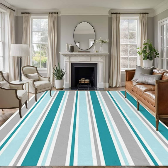 Rectangle Area Rugs 5 x 8 Ft, Grey Blue Striped Non-Slip Residential Carpet, Farmhouse Stripes Modern Abstract Art Indoor Crawling Mats Runner Rugs for Living Room/Dining Room/Bedroom