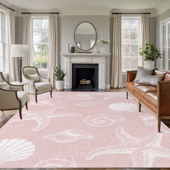 Rectangle Area Rugs 5 x 8 Ft, Marine Life Non-Slip Residential Carpet, Summer Ocean Starfish Conch Seashell Pink Indoor Crawling Mats Runner Rugs for Living Room/Dining Room/Bedroom