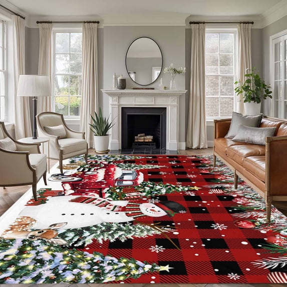Rectangle Area Rugs 5 x 8 Ft, Red Plaid Christmas Non-Slip Residential Carpet, Snowman Xmas Truck Balls Tree Indoor Crawling Mats Runner Rugs for Living Room/Dining Room/Bedroom